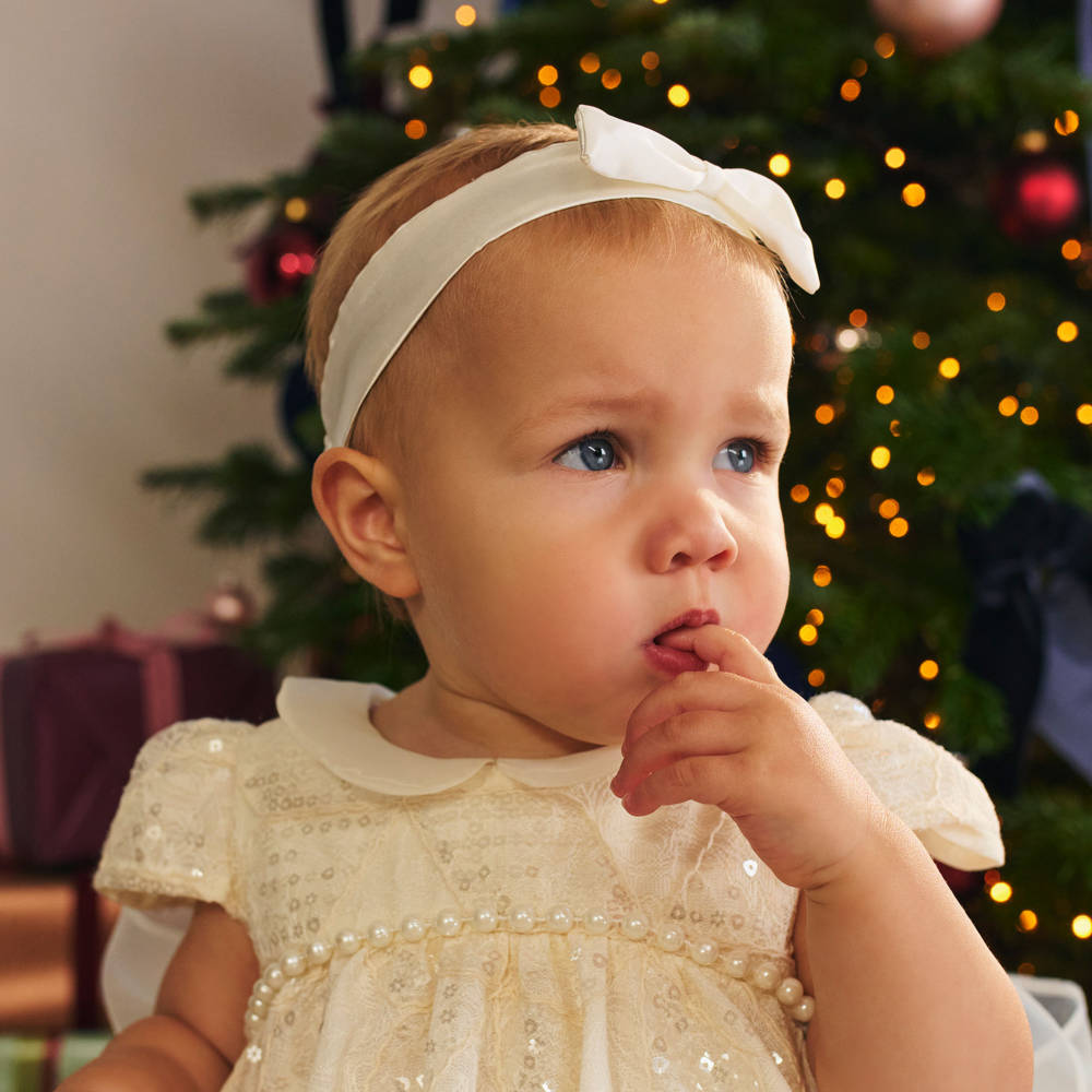 Monnalisa-Girls Ivory Satin Bow Headband | Childrensalon