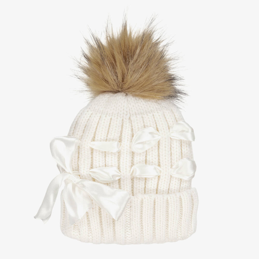 Monnalisa-Girls Ivory Satin Bow Pom-Pom Hat with Ribbon Bows | Childrensalon