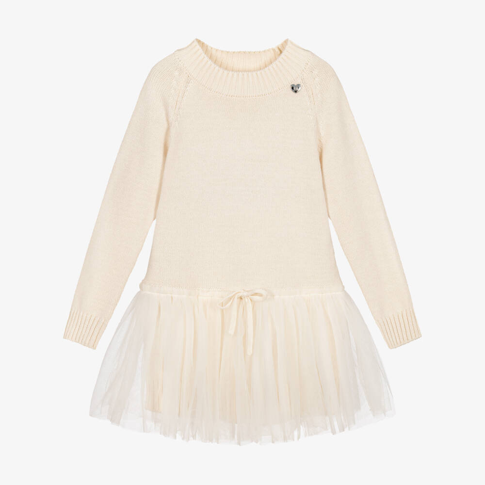 Monnalisa-Girls Ivory Sweater Dress with Tulle Ruffle  | Childrensalon