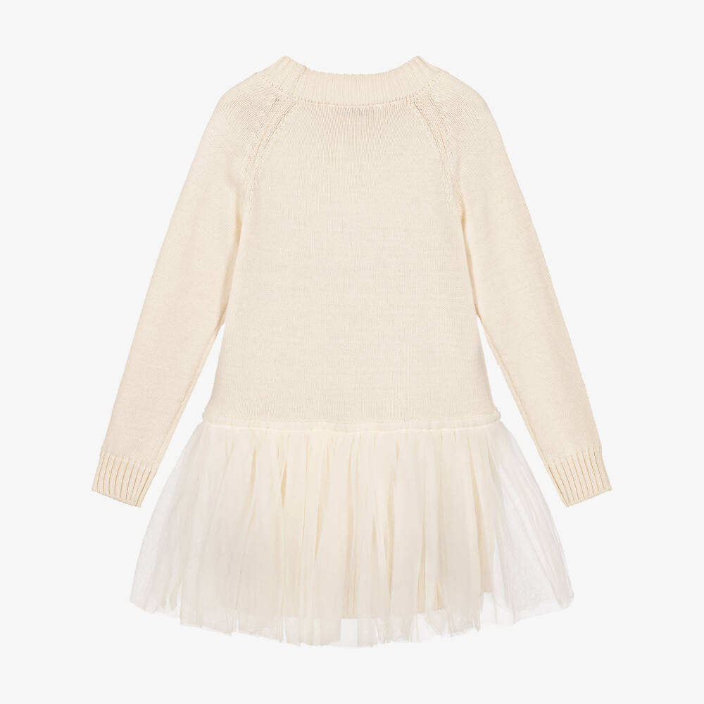 Monnalisa-Girls Ivory Sweater Dress with Tulle Ruffle | Childrensalon