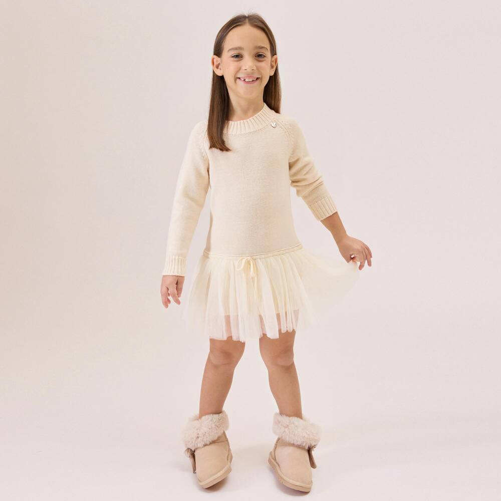 Monnalisa-Girls Ivory Sweater Dress with Tulle Ruffle | Childrensalon