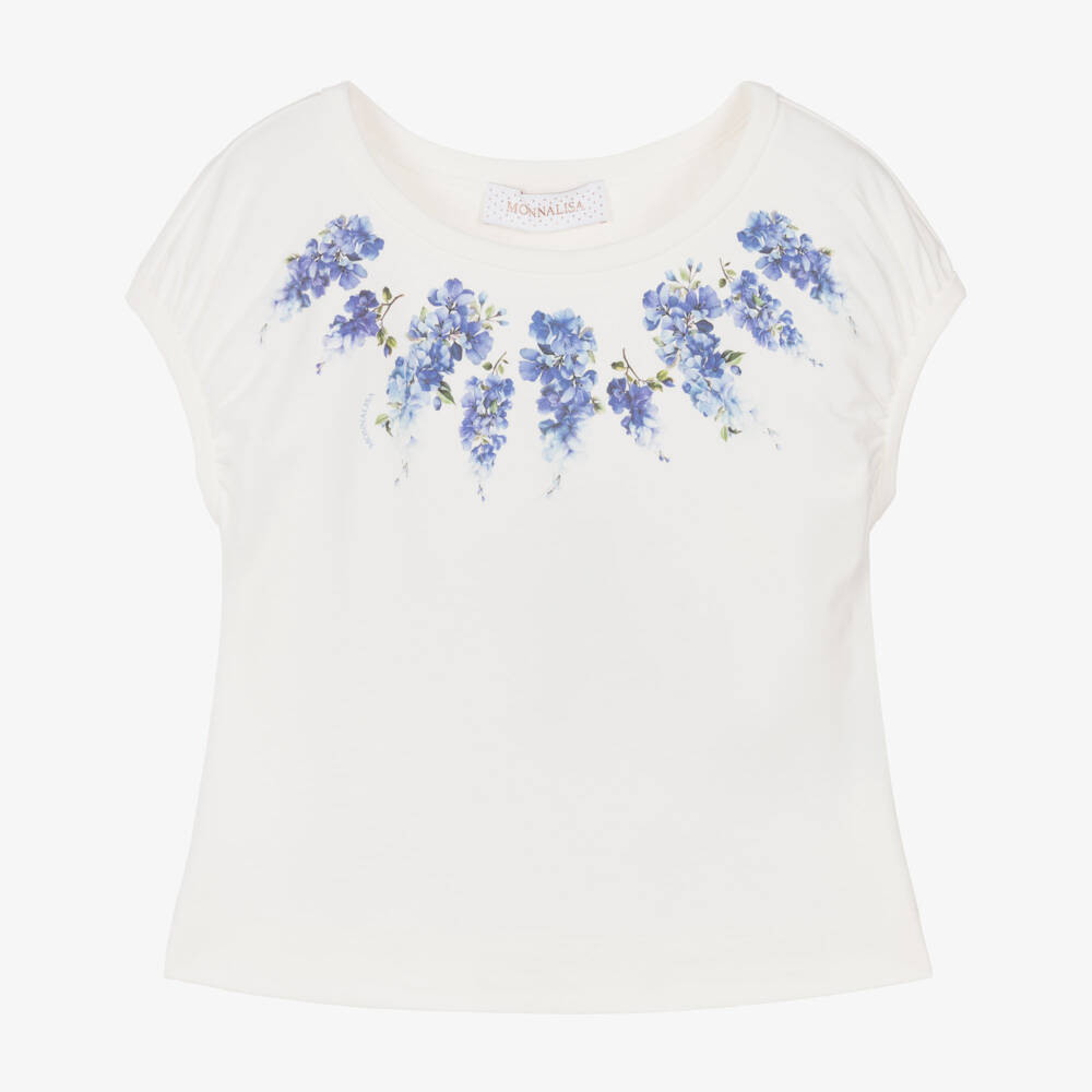 Monnalisa Chic-Girls Ivory T-Shirt with Blue Floral Print Neckline | Childrensalon