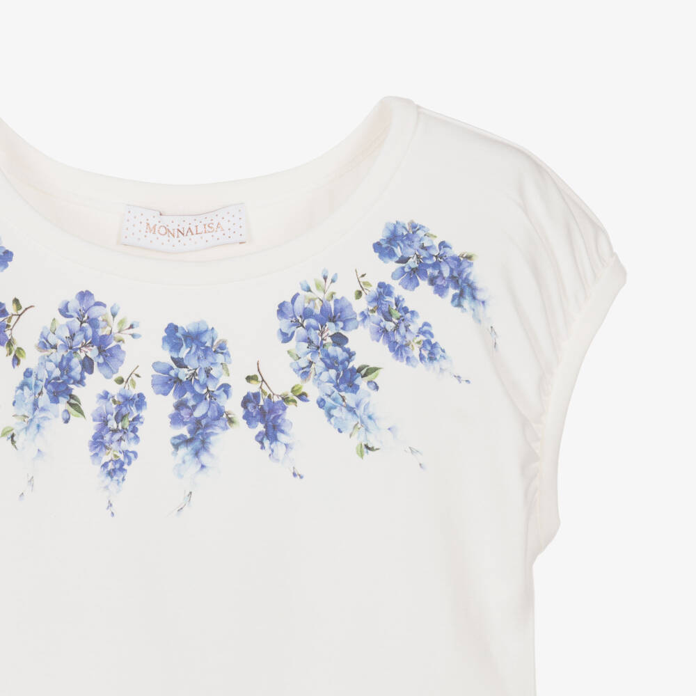 Monnalisa Chic-Girls Ivory T-Shirt with Blue Floral Print Neckline | Childrensalon