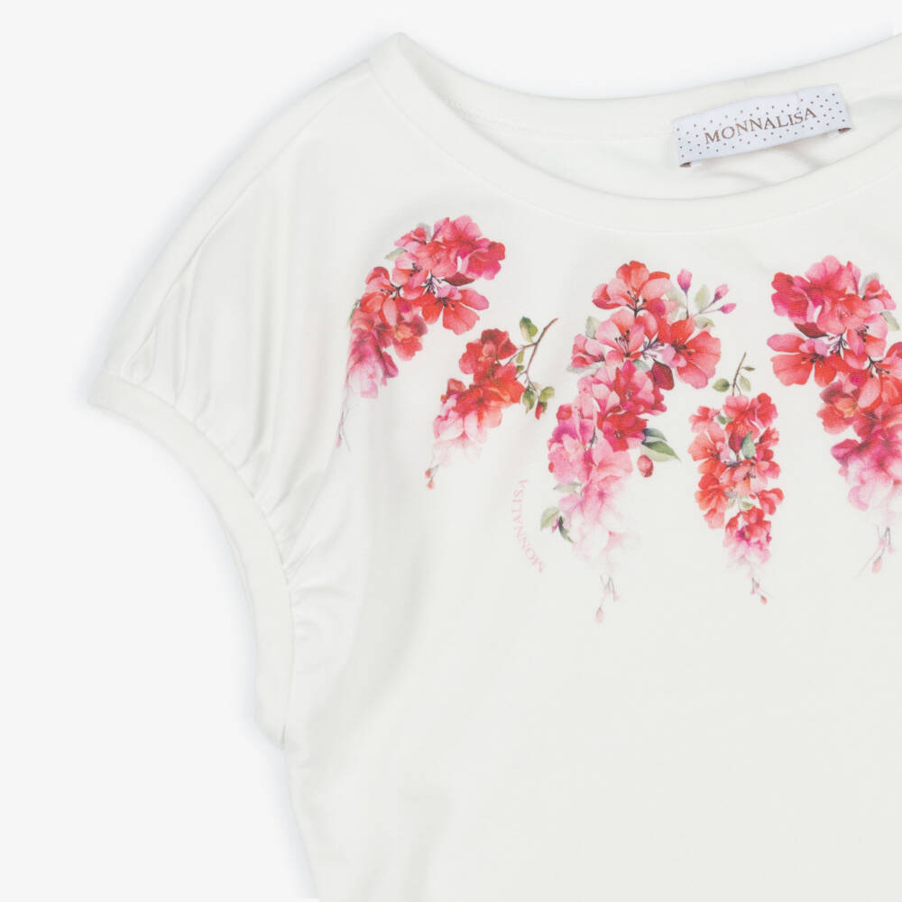 Monnalisa Chic-تيشيرت بطبعة ورود لون عاجي للبنات | Childrensalon