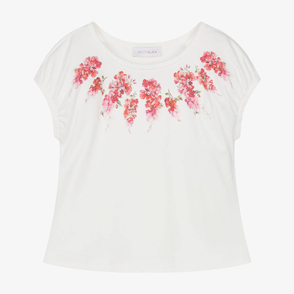 Monnalisa Шик-Футболка кремовая с розовым цветочным принтом для девочек  | Childrensalon