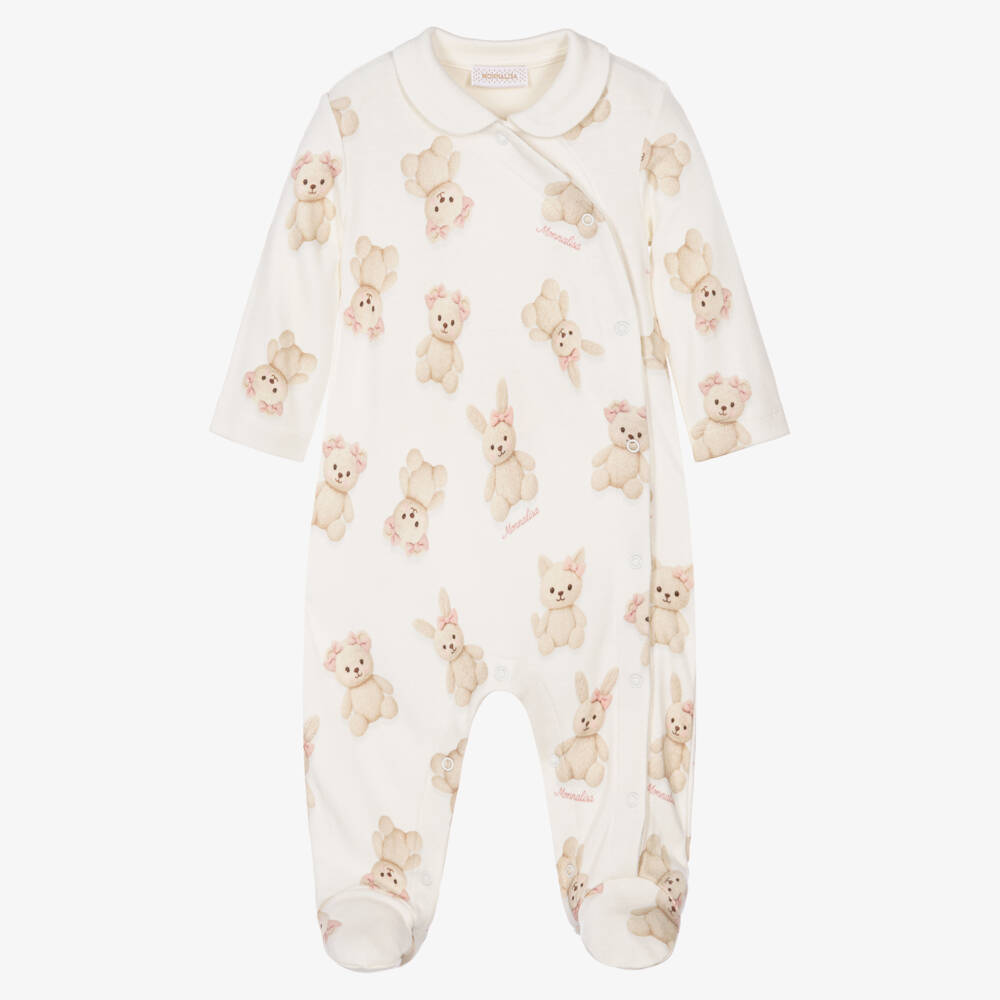 Monnalisa-Girls Ivory Teddy Print Babygrow | Childrensalon