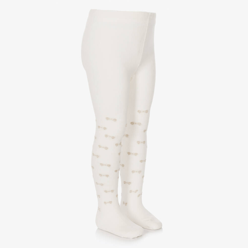 Monnalisa-Girls Ivory Tights with Sparkly Gold Bows | Childrensalon