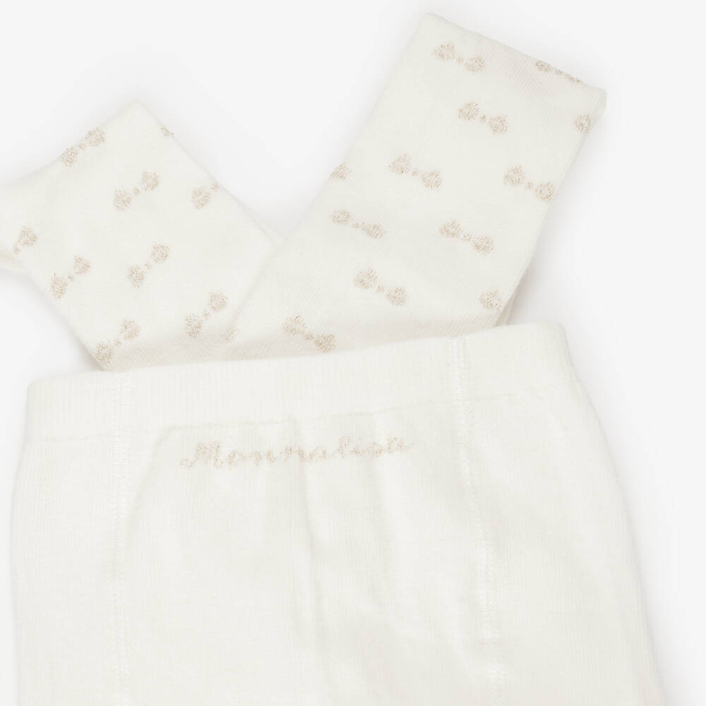Monnalisa-Girls Ivory Tights with Sparkly Gold Bows | Childrensalon