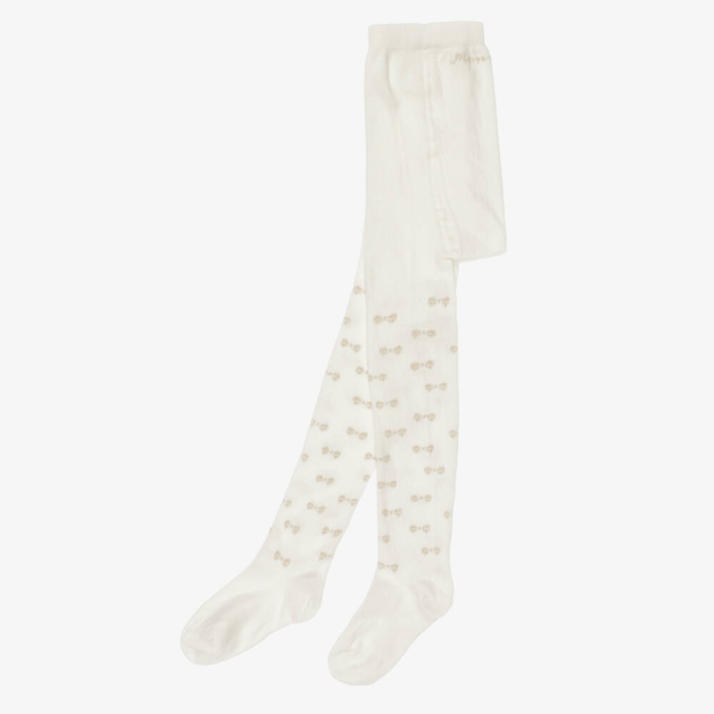 Monnalisa-Girls Ivory Tights with Sparkly Gold Bows | Childrensalon