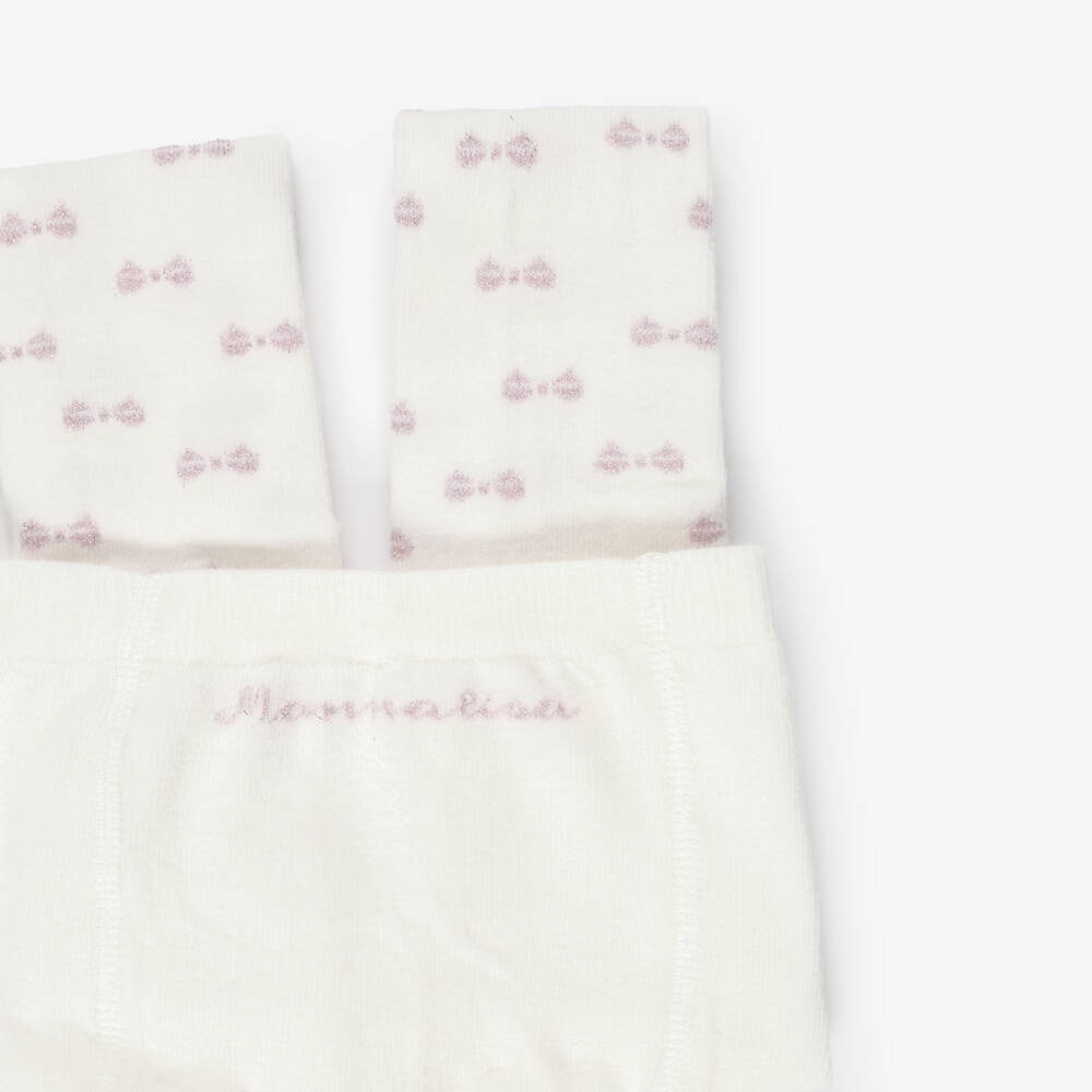 Monnalisa-Girls Ivory Tights with Sparkly Pink Bows | Childrensalon