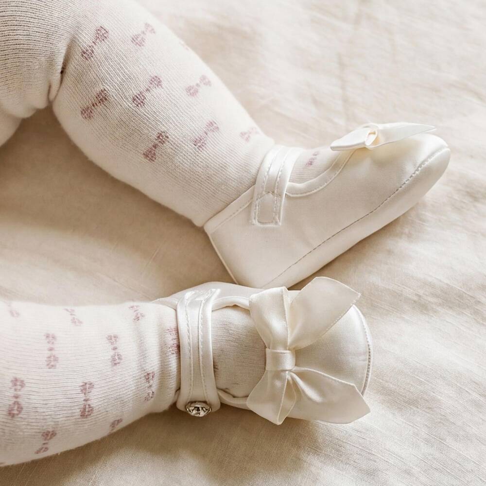 Monnalisa-Girls Ivory Tights with Sparkly Pink Bows | Childrensalon