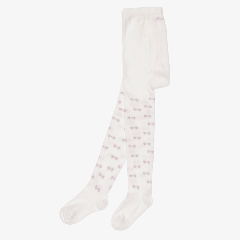 Monnalisa-Girls Ivory Tights with Sparkly Pink Bows | Childrensalon