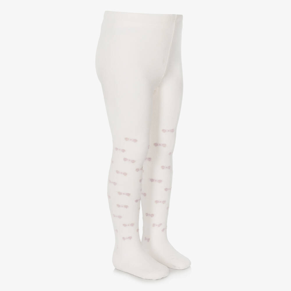 Monnalisa-Girls Ivory Tights with Sparkly Pink Bows | Childrensalon
