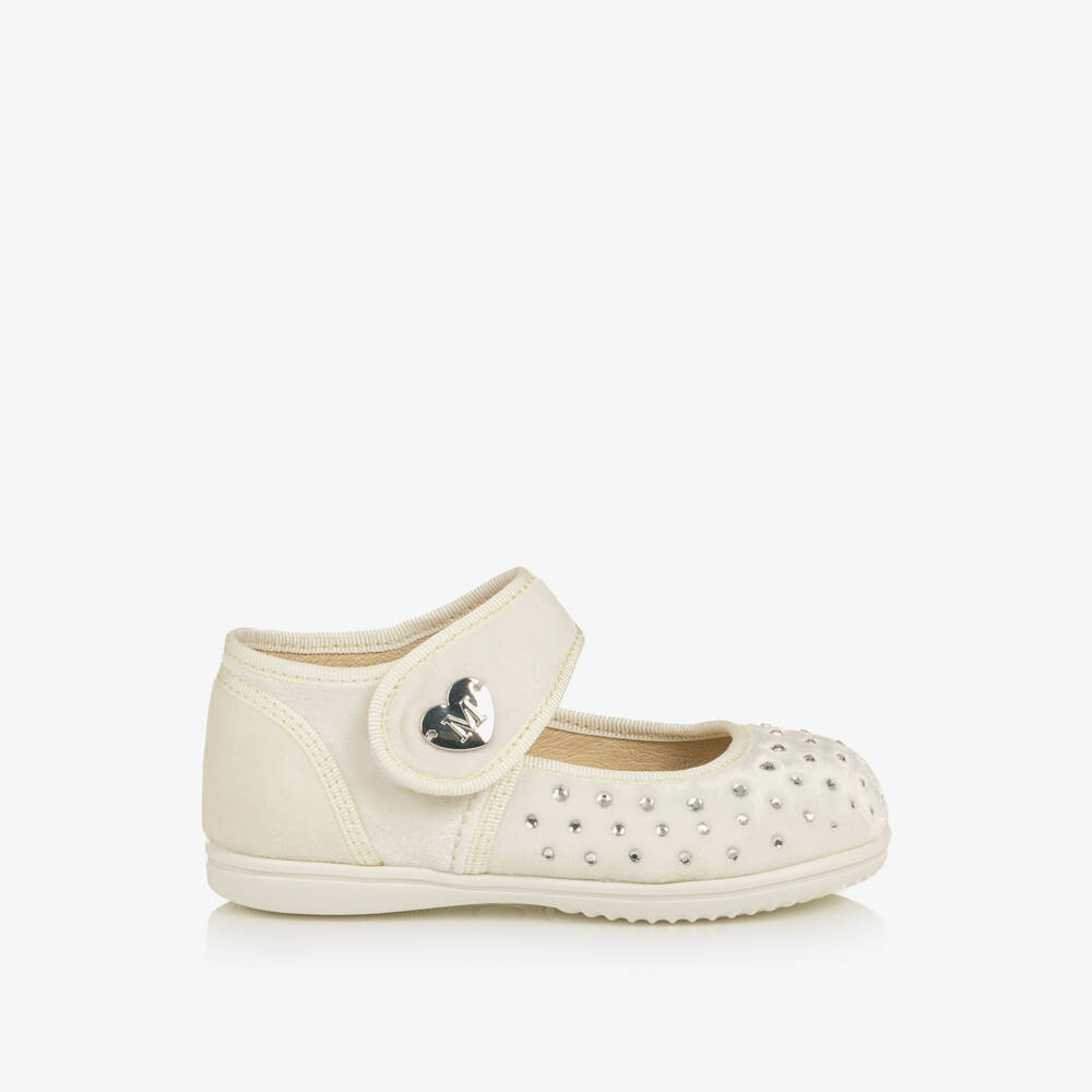 Monnalisa-Girls Ivory Velvet Bar Shoes with Rhinestones | Childrensalon
