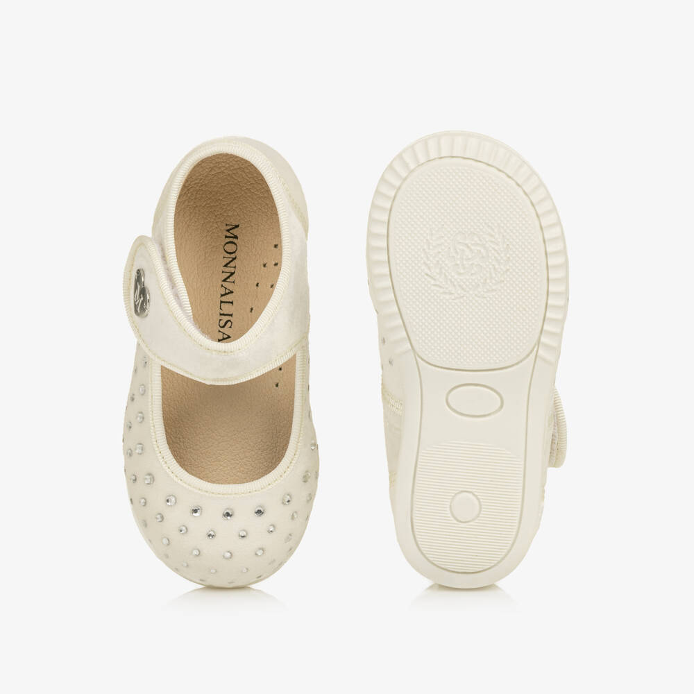 Monnalisa-Girls Ivory Velvet Bar Shoes with Rhinestones | Childrensalon