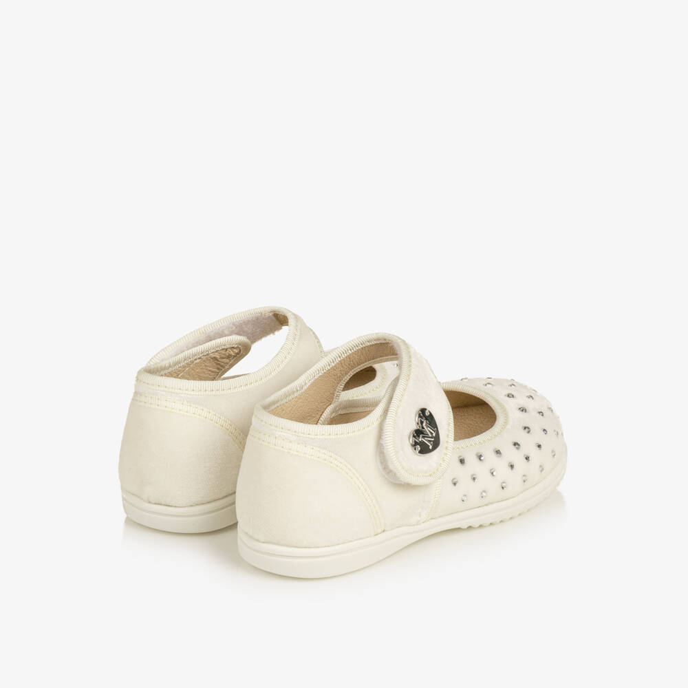 Monnalisa-Girls Ivory Velvet Bar Shoes with Rhinestones | Childrensalon