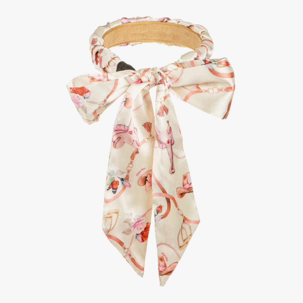 Monnalisa-Girls Light Beige Plaited Satin Hairband | Childrensalon