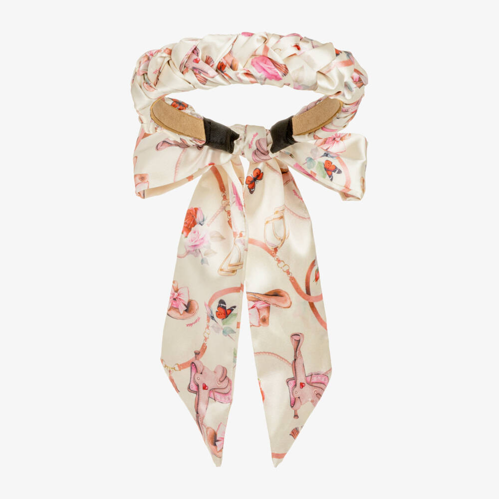 Monnalisa-Girls Light Beige Plaited Satin Hairband  | Childrensalon