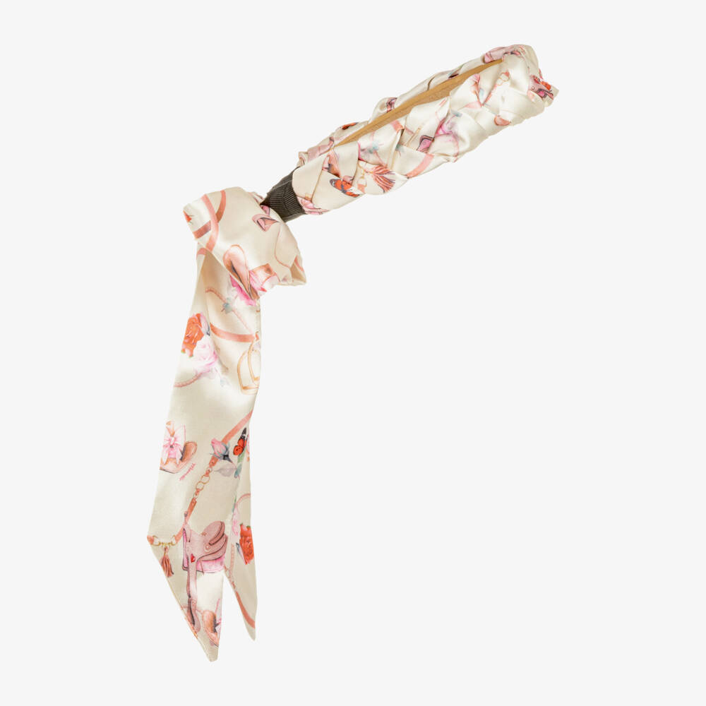 Monnalisa-Girls Light Beige Plaited Satin Hairband | Childrensalon