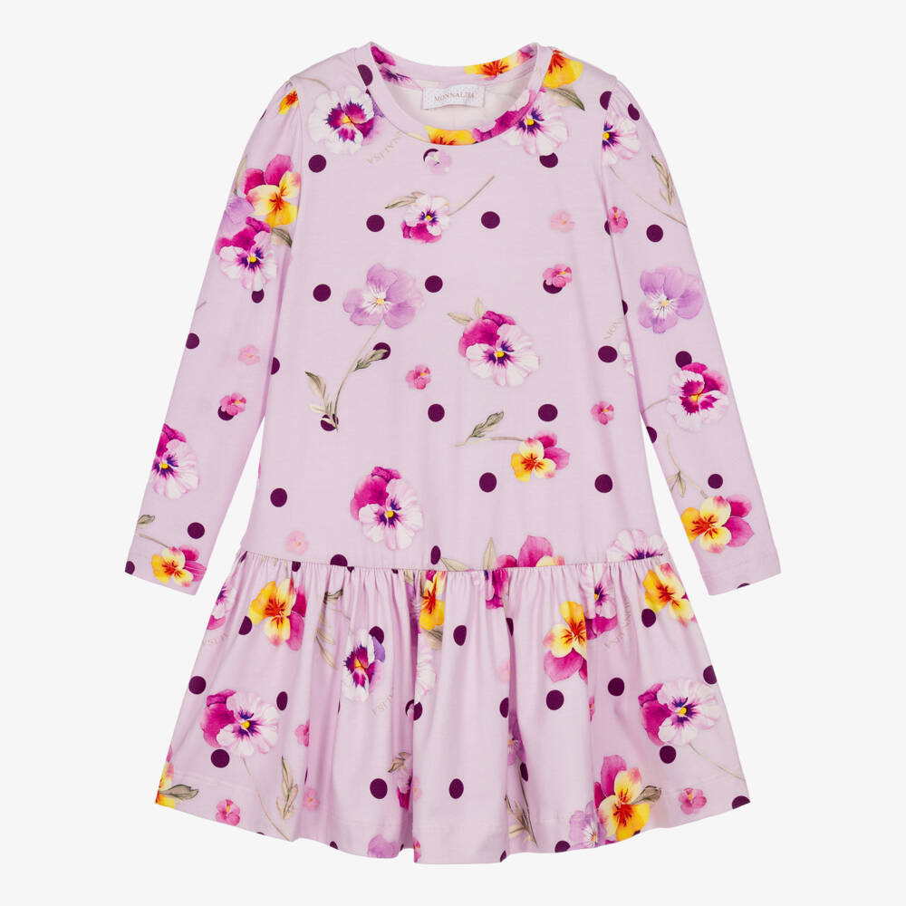 Monnalisa-Girls Lilac Pansy Print Cotton Jersey Dress | Childrensalon