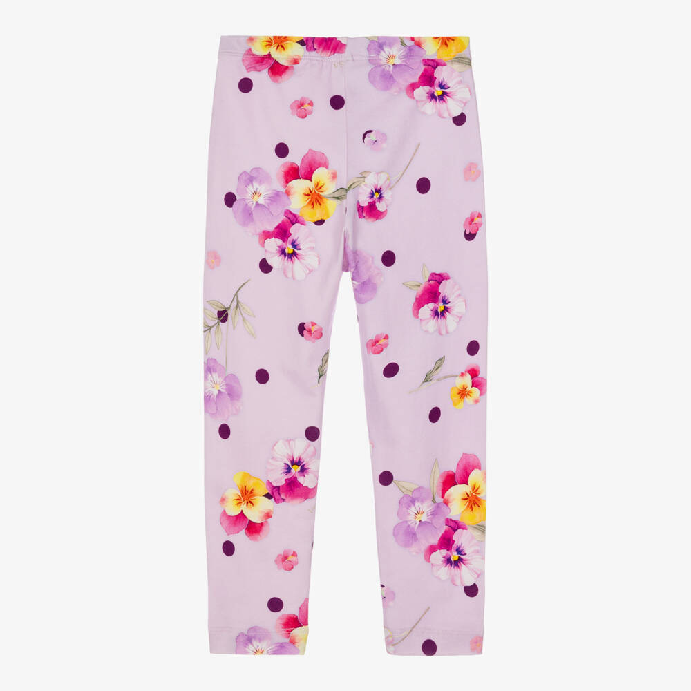 Monnalisa-Girls Lilac Pansy Print Cotton Leggings | Childrensalon
