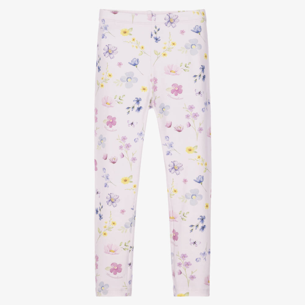 Monnalisa-Girls Lilac Pink Floral Pint Cotton Leggings | Childrensalon
