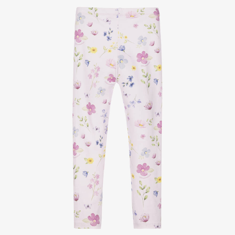Monnalisa-Girls Lilac Pink Floral Pint Cotton Leggings | Childrensalon