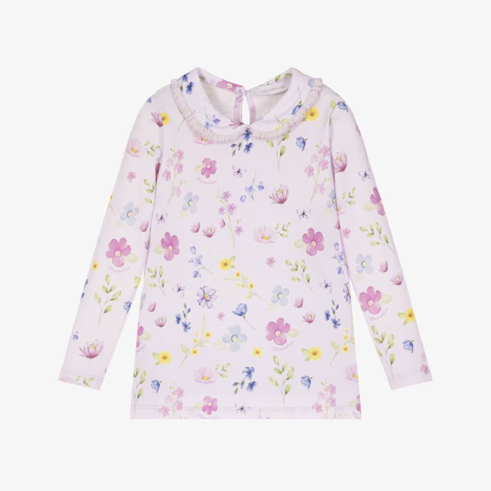 Monnalisa-Girls Lilac Pink Floral Print Cotton Top | Childrensalon