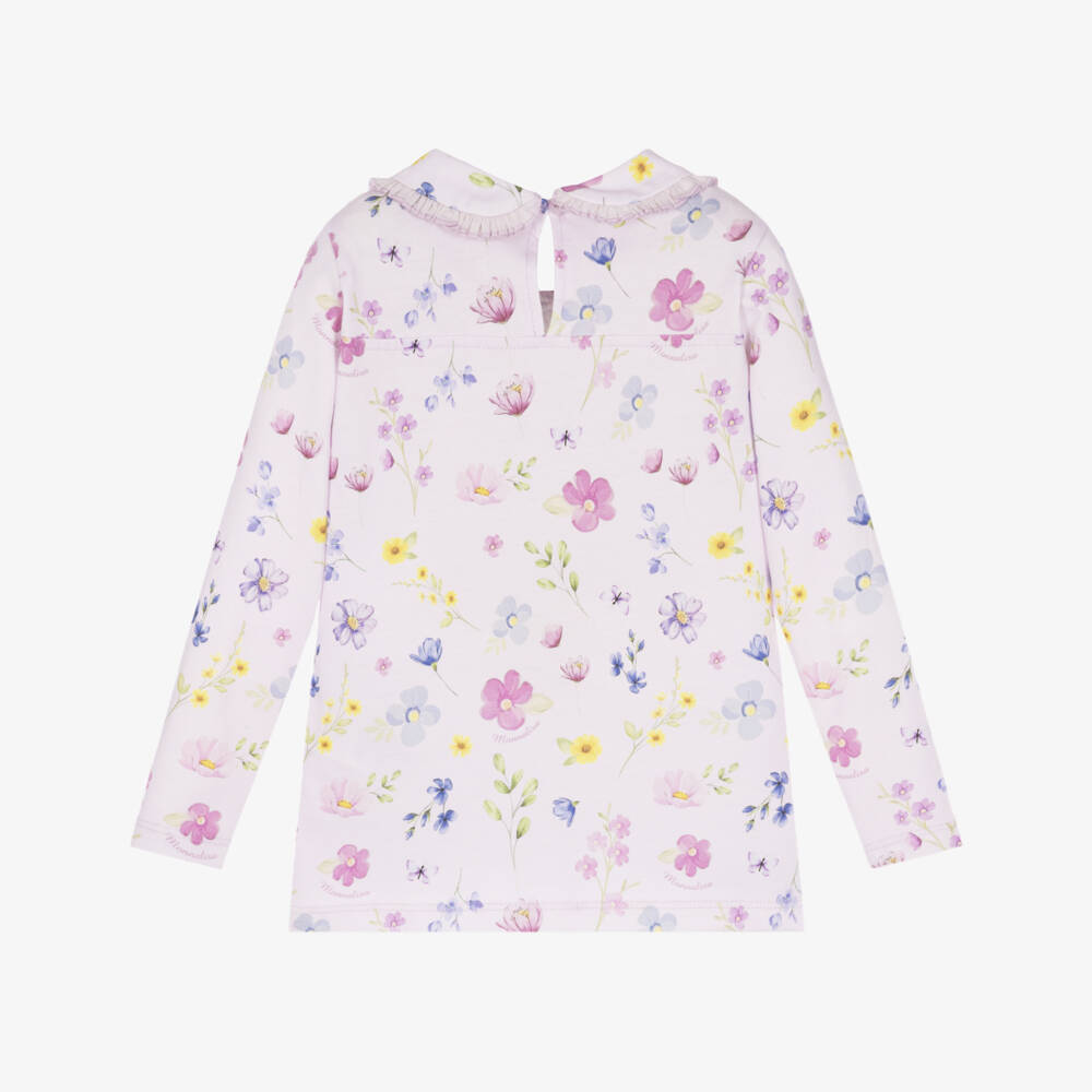 Monnalisa-Girls Lilac Pink Floral Print Cotton Top | Childrensalon