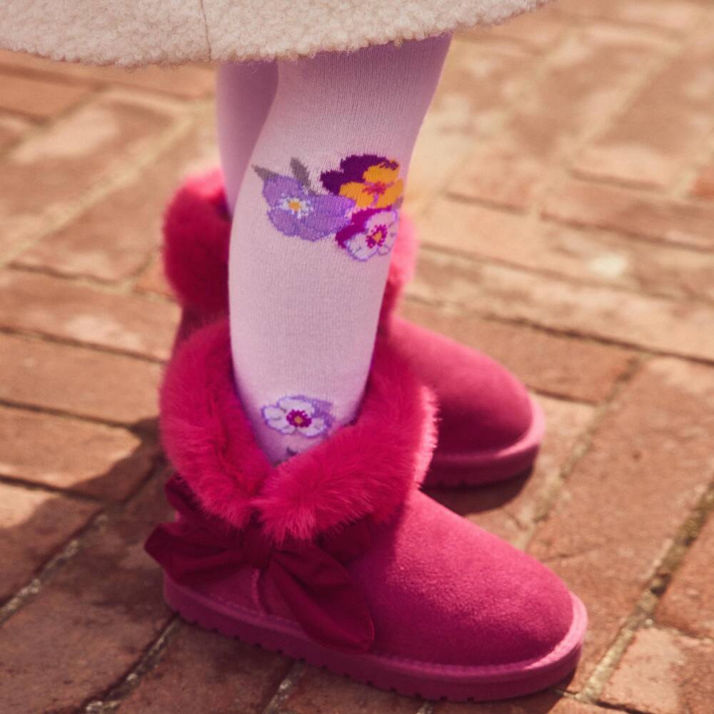 Monnalisa-Girls Lilac Pink Tights with Flower Motifs | Childrensalon
