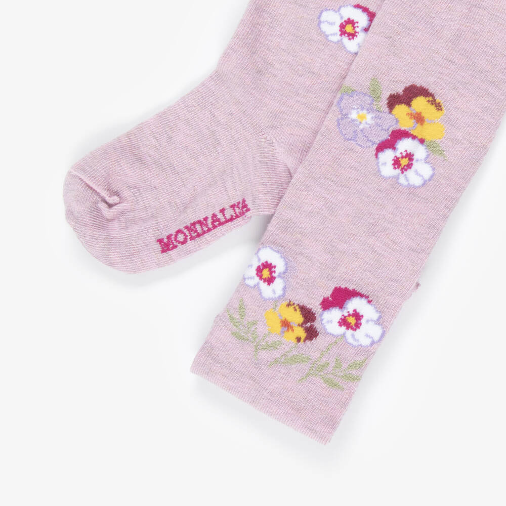 Monnalisa-Girls Lilac Pink Tights with Flower Motifs | Childrensalon
