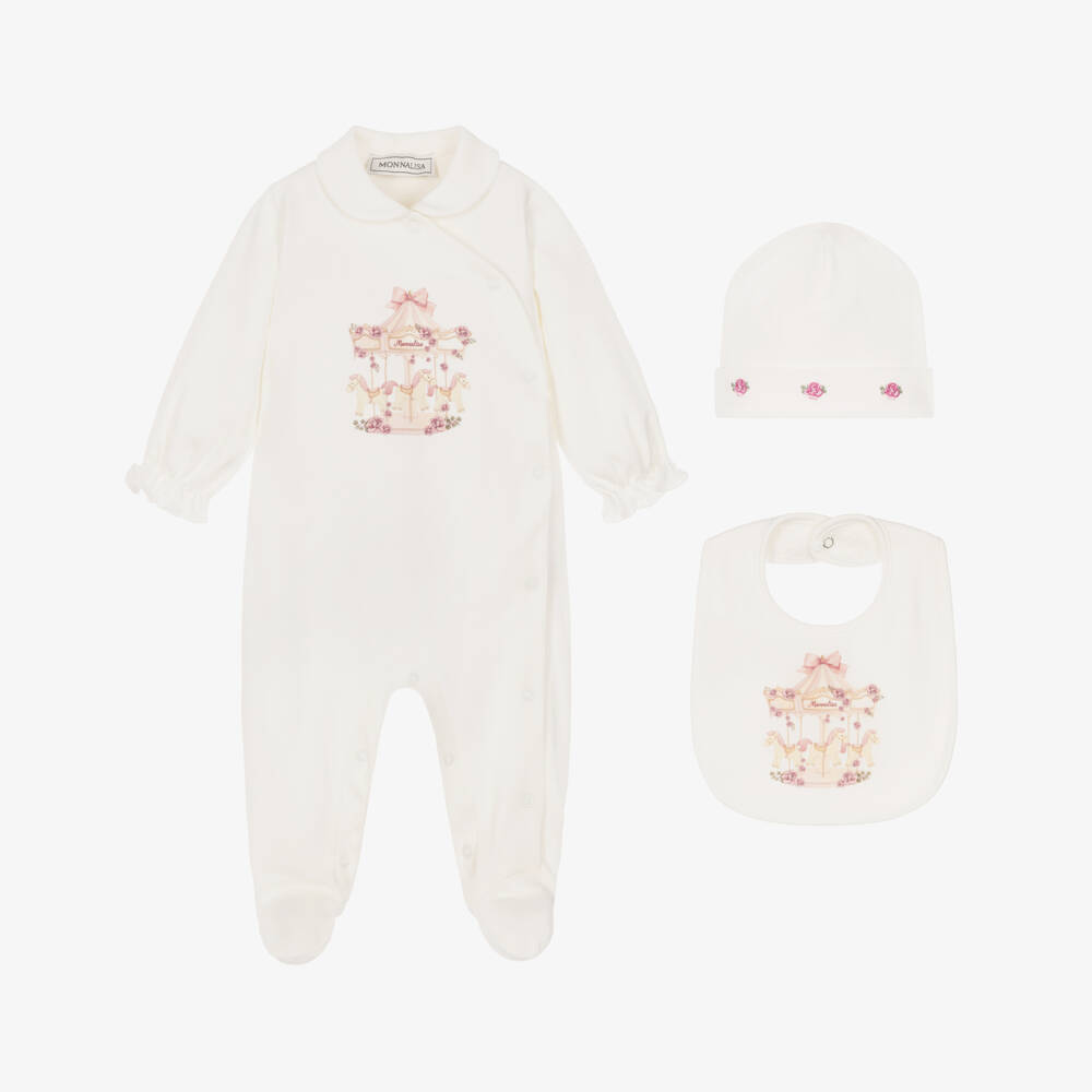 Monnalisa-Girls lvory Cotton Babysuit Set with Carousel Print | Childrensalon