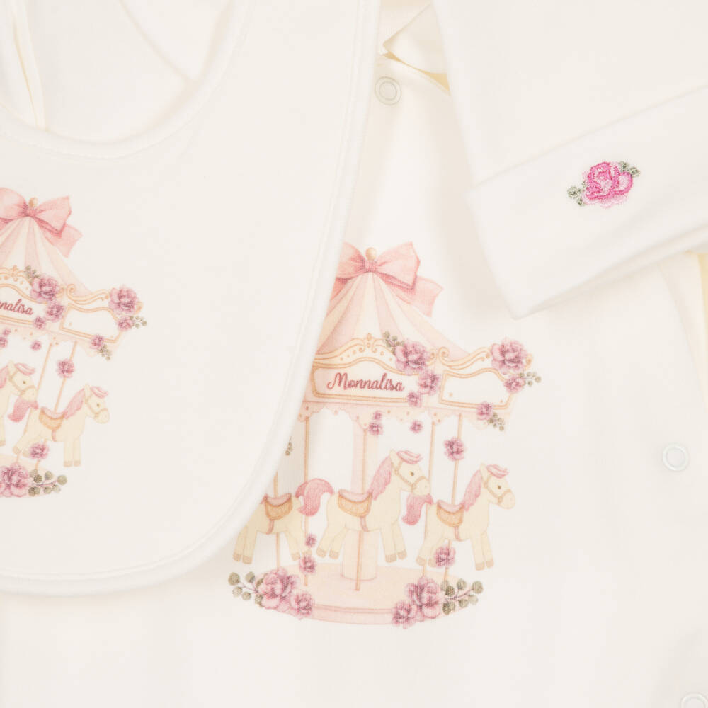 Monnalisa-Girls lvory Cotton Babysuit Set with Carousel Print | Childrensalon