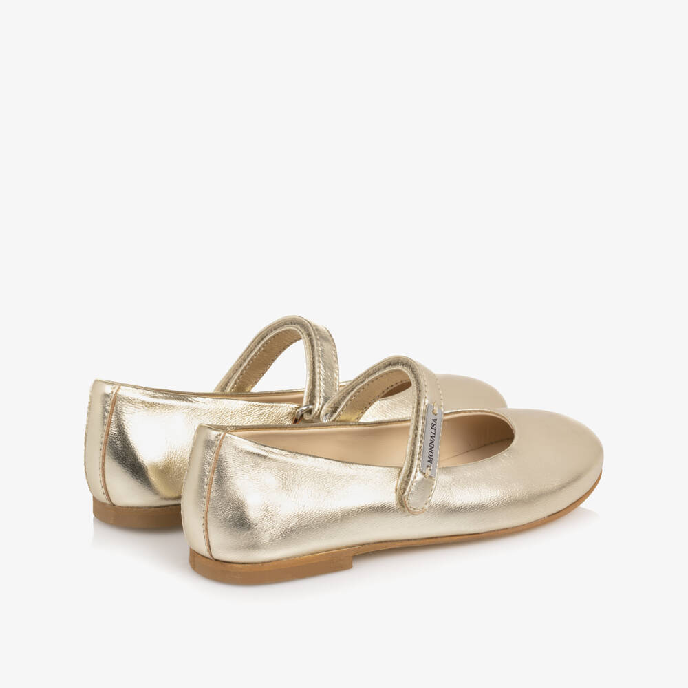 Monnalisa-Girls Metallic Gold Leather Ballerina Pumps | Childrensalon