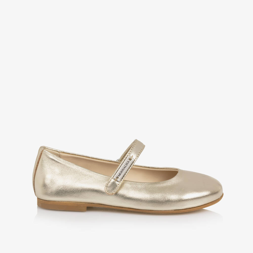 Monnalisa-Girls Metallic Gold Leather Ballerina Pumps | Childrensalon