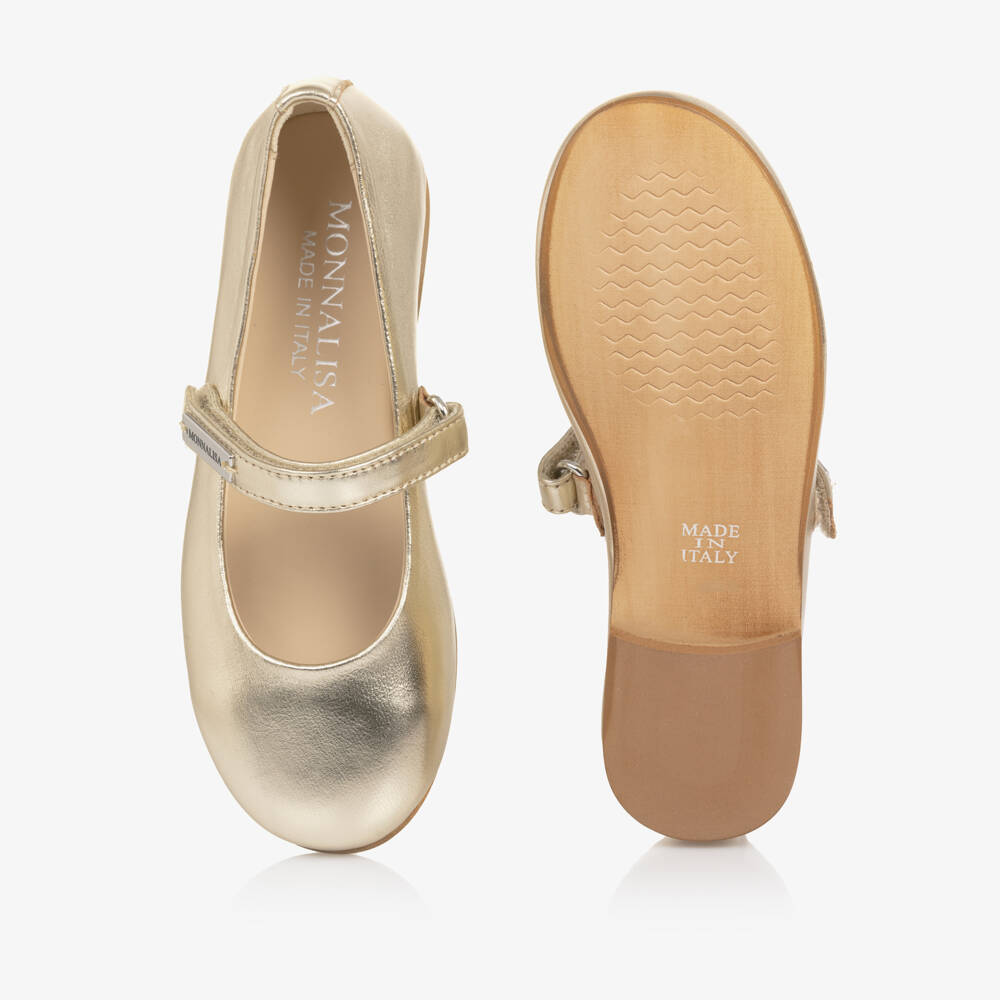 Monnalisa-Girls Metallic Gold Leather Ballerina Pumps | Childrensalon