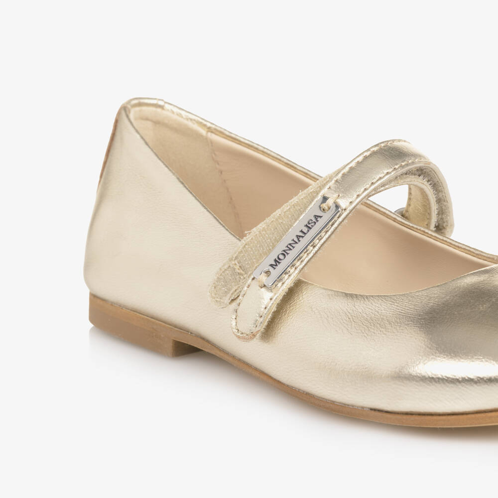 Monnalisa-Girls Metallic Gold Leather Ballerina Pumps | Childrensalon