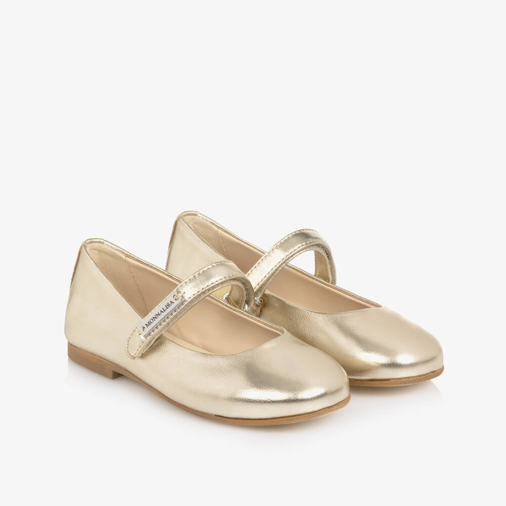 Monnalisa-Girls Metallic Gold Leather Ballerina Pumps | Childrensalon