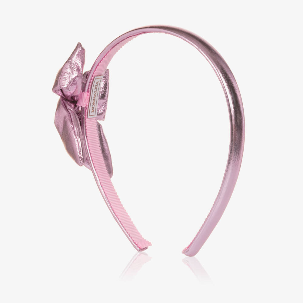 Monnalisa-Girls Metallic Pink Faux Leather Bow Hairband | Childrensalon