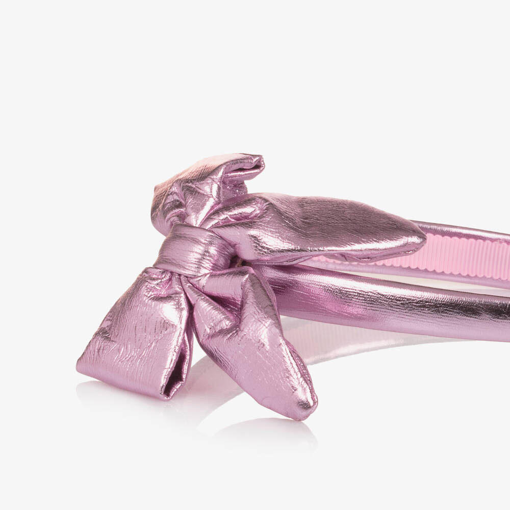Monnalisa-Girls Metallic Pink Faux Leather Bow Hairband | Childrensalon