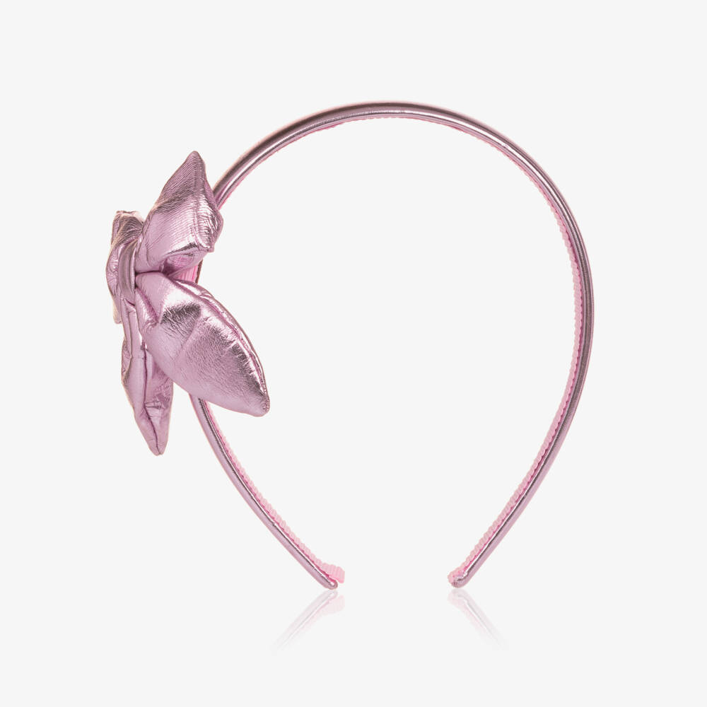 Monnalisa-Girls Metallic Pink Faux Leather Bow Hairband | Childrensalon