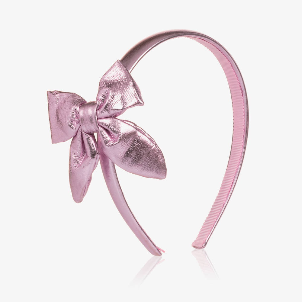Monnalisa-Girls Metallic Pink Faux Leather Bow Hairband | Childrensalon