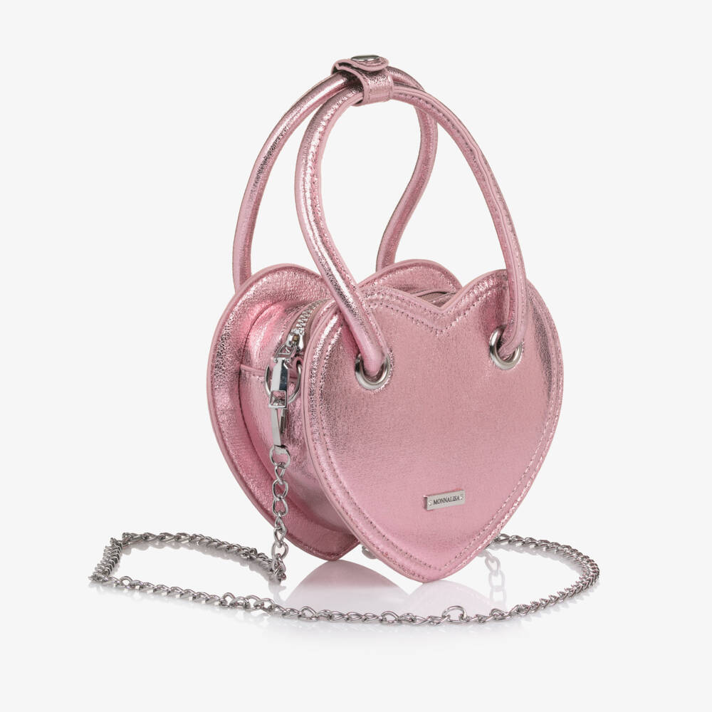 Monnalisa-Girls Metallic Pink Heart Faux Leather Handbag (18cm) | Childrensalon