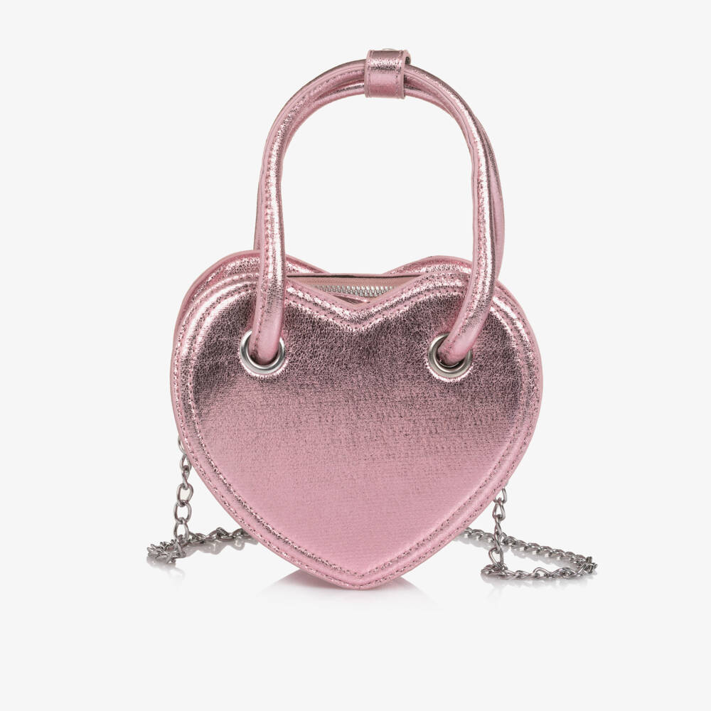Monnalisa-Girls Metallic Pink Heart Faux Leather Handbag (18cm) | Childrensalon