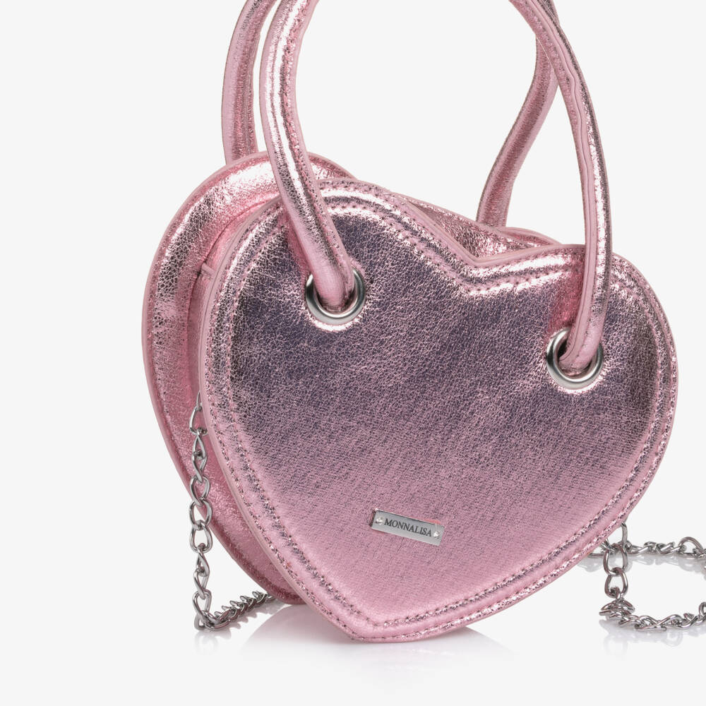 Monnalisa-Girls Metallic Pink Heart Faux Leather Handbag (18cm) | Childrensalon