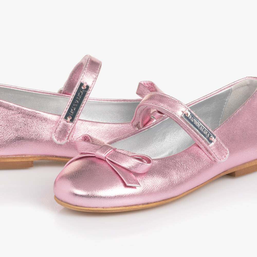Monnalisa-Girls Metallic Pink Leather Ballerina Pumps | Childrensalon