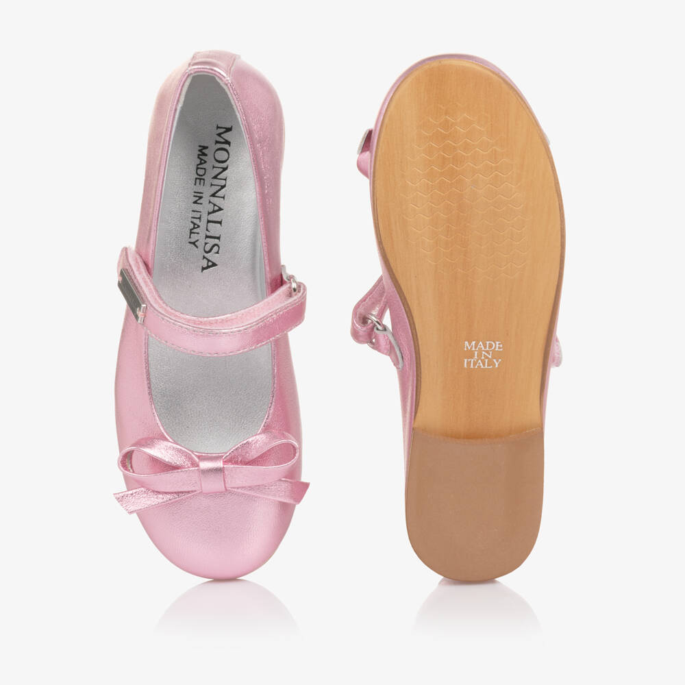 Monnalisa-Girls Metallic Pink Leather Ballerina Pumps | Childrensalon