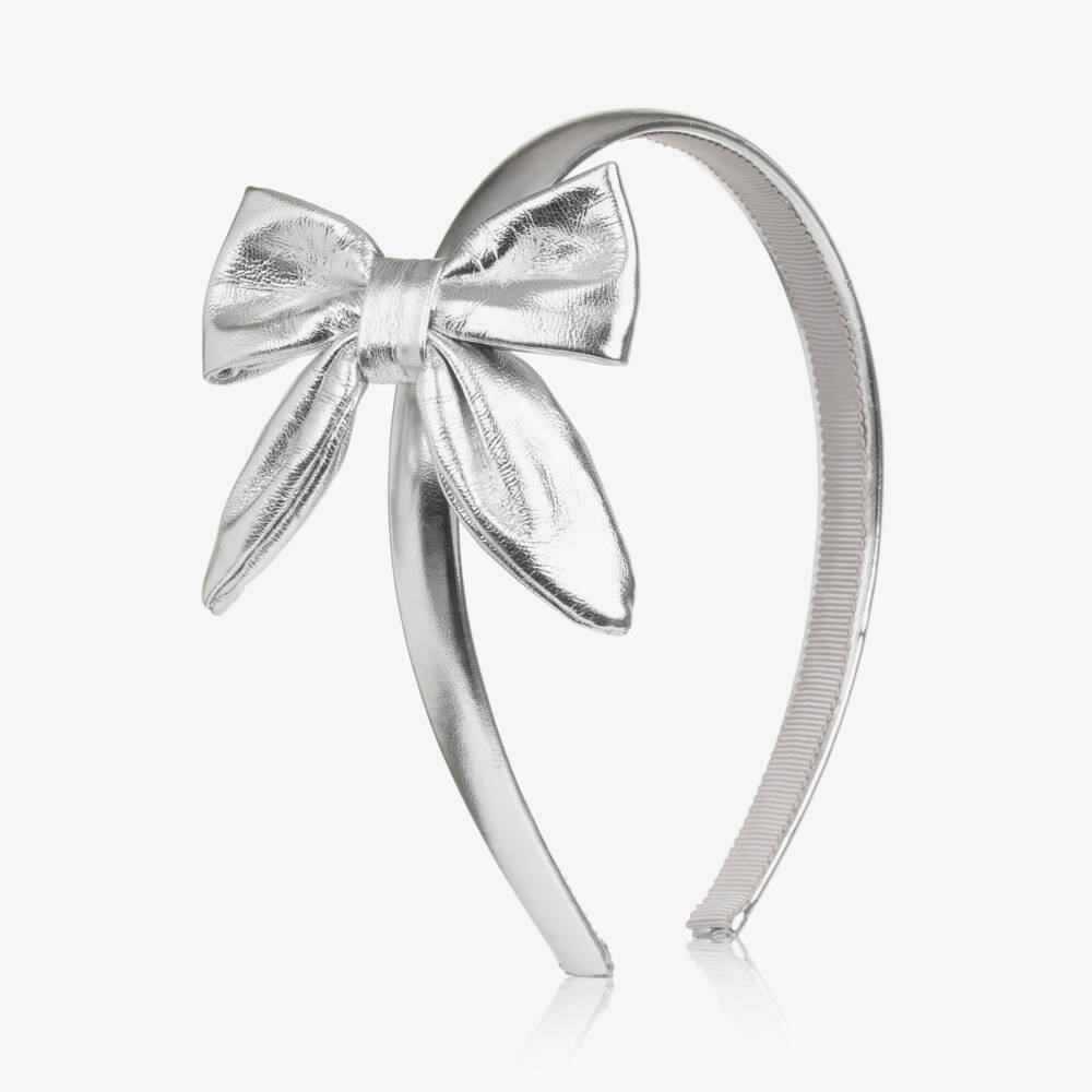 Monnalisa-Girls Metallic Silver Faux Leather Bow Hairband | Childrensalon