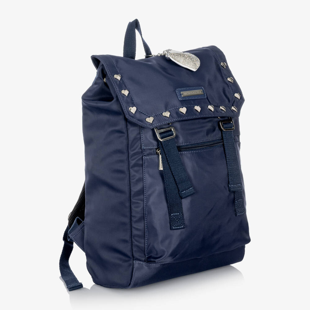 Monnalisa-Girls Navy Blue Backpack with Silver Hearts (42cm) | Childrensalon