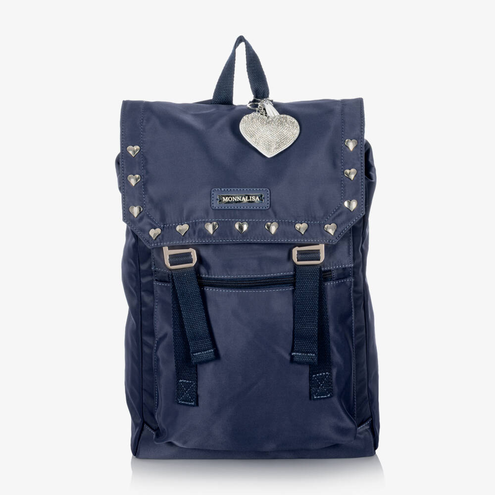 Monnalisa-Girls Navy Blue Backpack with Silver Hearts (42cm) | Childrensalon